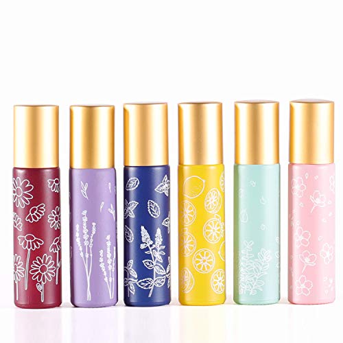 6 Pcs 10Ml 1/3 Oz Glass Roll On Bottles,Empty Glass Roller Bottles With Stainless Steel Roller Balls,Golden Aluminum Lid-6 Print