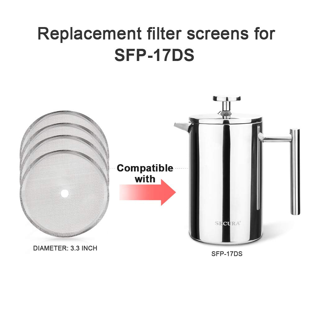 Secura French Press Replacement Screens, Stainless Steel Reusable Mesh Filter For 17 Ounce And 12 Ounce Coffee Press, 4 Pack