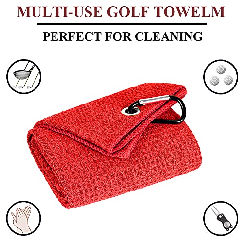 Vividly 2 Pack Tri-Fold Golf Towels, Premium Microfiber Fabric Waffle Pattern With Black Heavy Duty Carabiner Clip, Red Golf Tow
