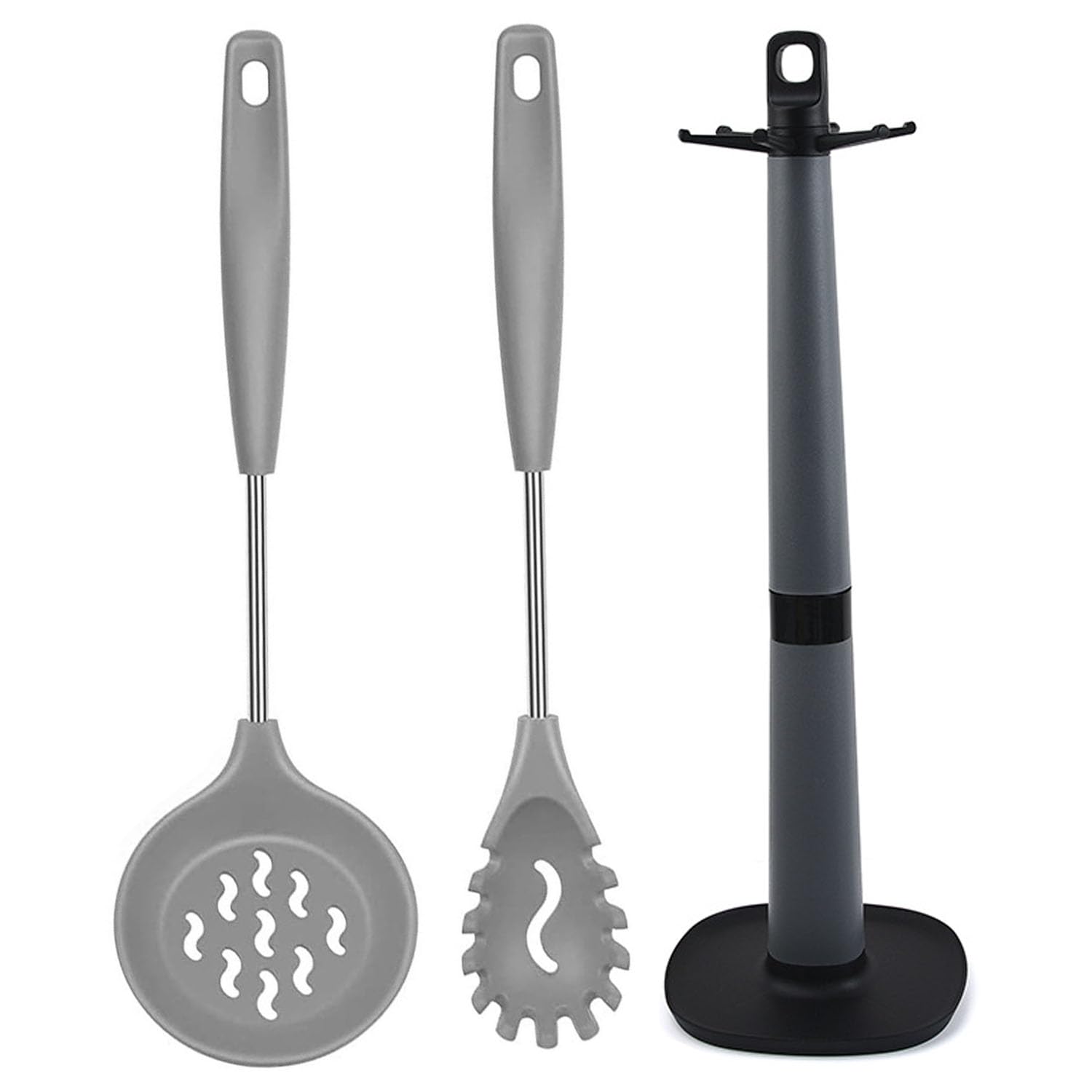 Besillia Silicone Spaghetti Fork, Skimmer Spoon For Frying, Cooking Spoon Set For Kitchen With Spatula Stand, Utensil Holder For