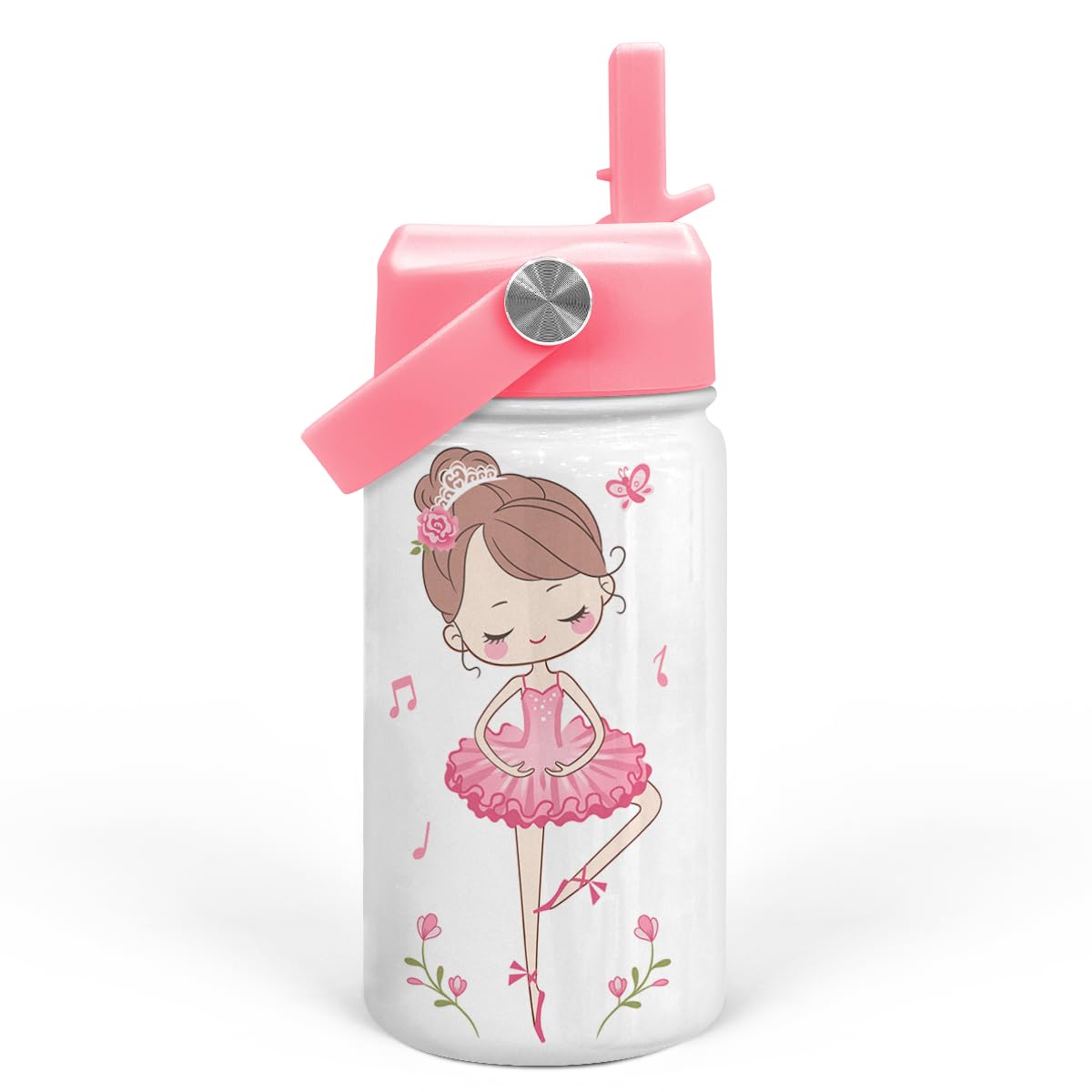 SANDJEST Ballet Water Bottle - Kids Water Bottle with Straw Lid - 12 Oz Insulated Stainless Steel Water Bottles for Kid Girls - 