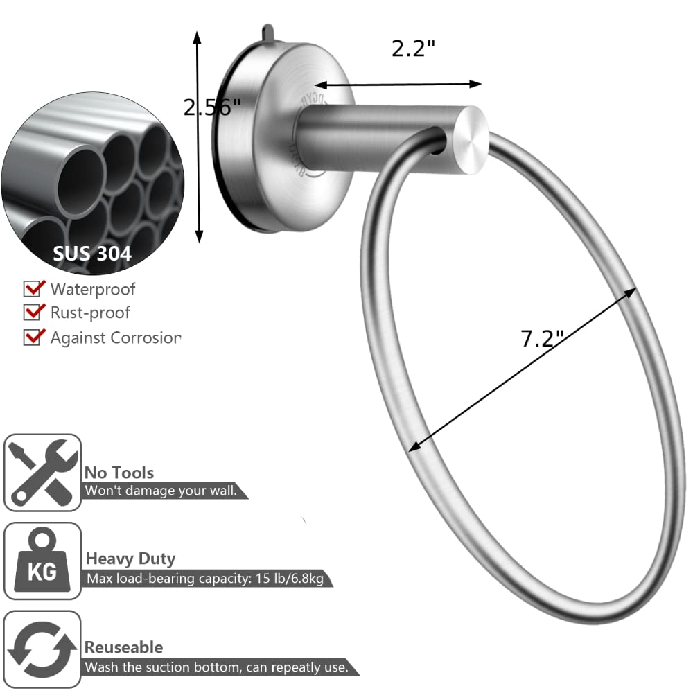 Dgyb Suction Cup Hand Towel Ring Brushed Nickel Hand Towel Holder For Bathroom Wall Sus 304 Stainless Steel Kitchen Towel Hanger