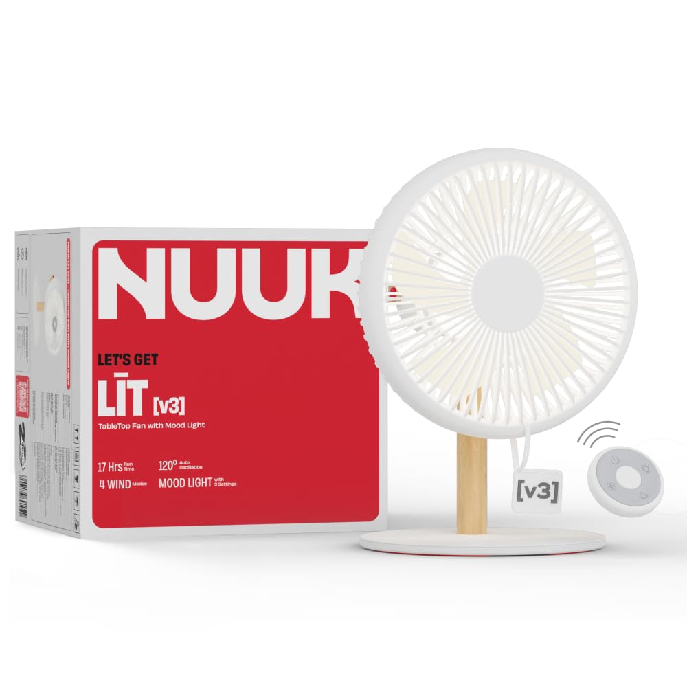 Nuuk Lit V3 | Rechargeable Table Fan | 3 Mood Light Settings | 6000Mah Battery | Up To 17 Hrs Run Time | Magnetic Remote | Ultra