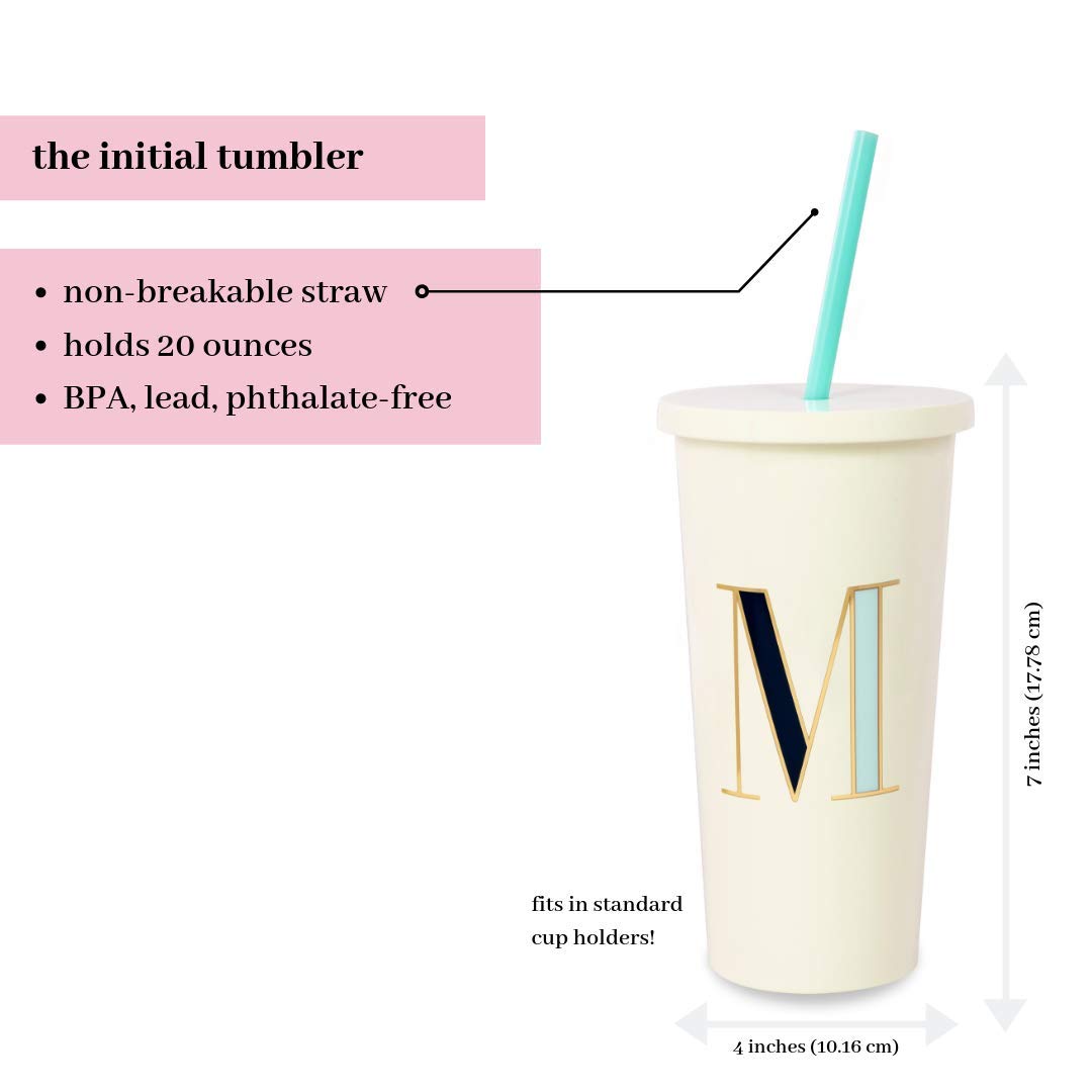 Kate Spade New York Insulated Initial Tumbler With Reusable Straw, 20 Ounce Acrylic Travel Cup With Lid, M (Blue)