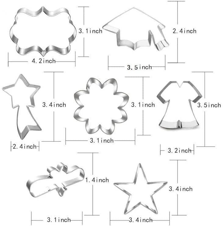 Lubtosmn Graduation Cookie Cutter Set-7 Piece-Graduation Cap, Gown, Diploma, Sunflower, Star, Shooting Star And Plague Cookie Bi