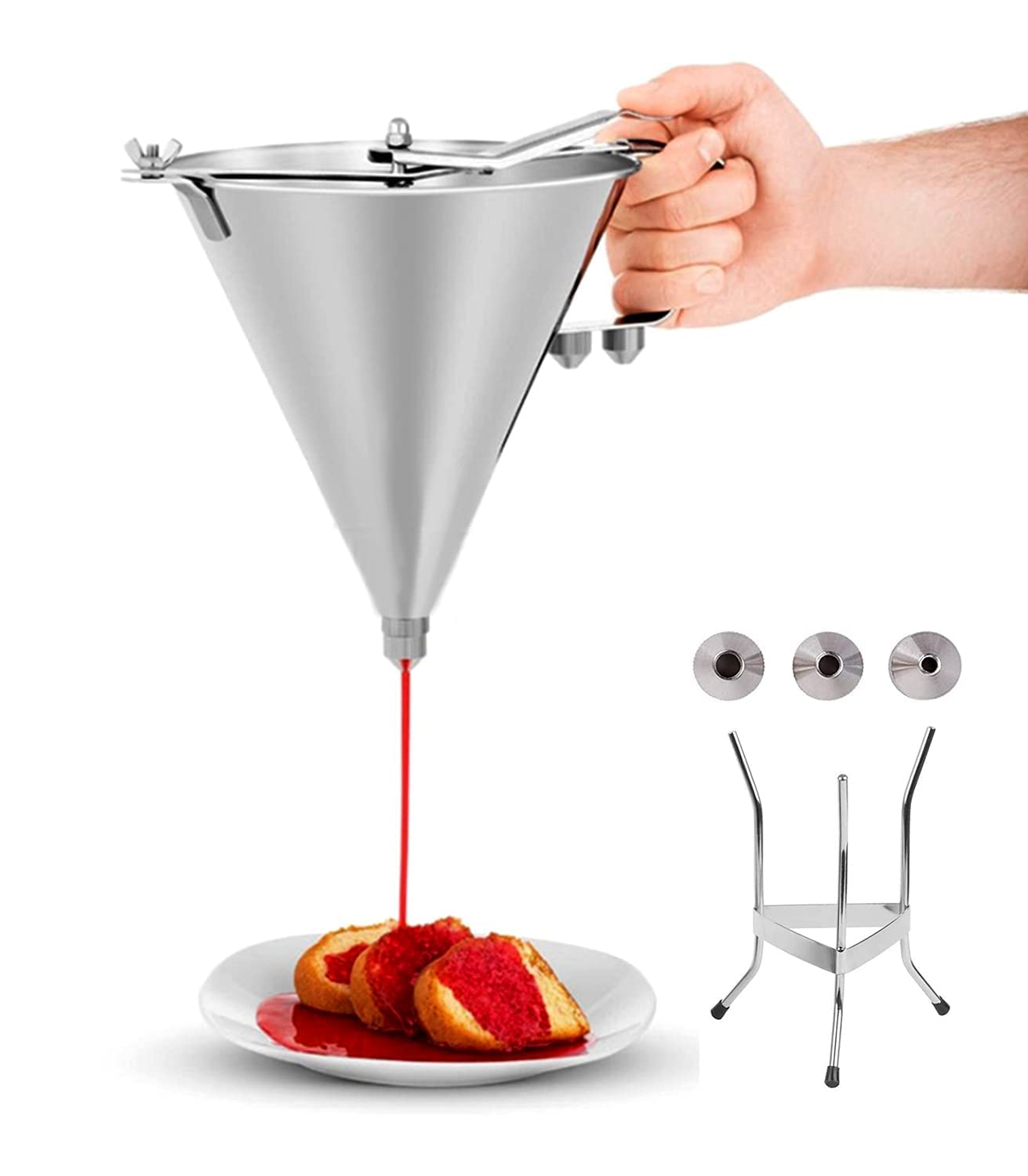 Myoyay Commercial Stainless Steel Funnel Dispenser, 1800Ml Extra Large Capacity Pancake Batter Dispenser With Stand And 3 Nozzle