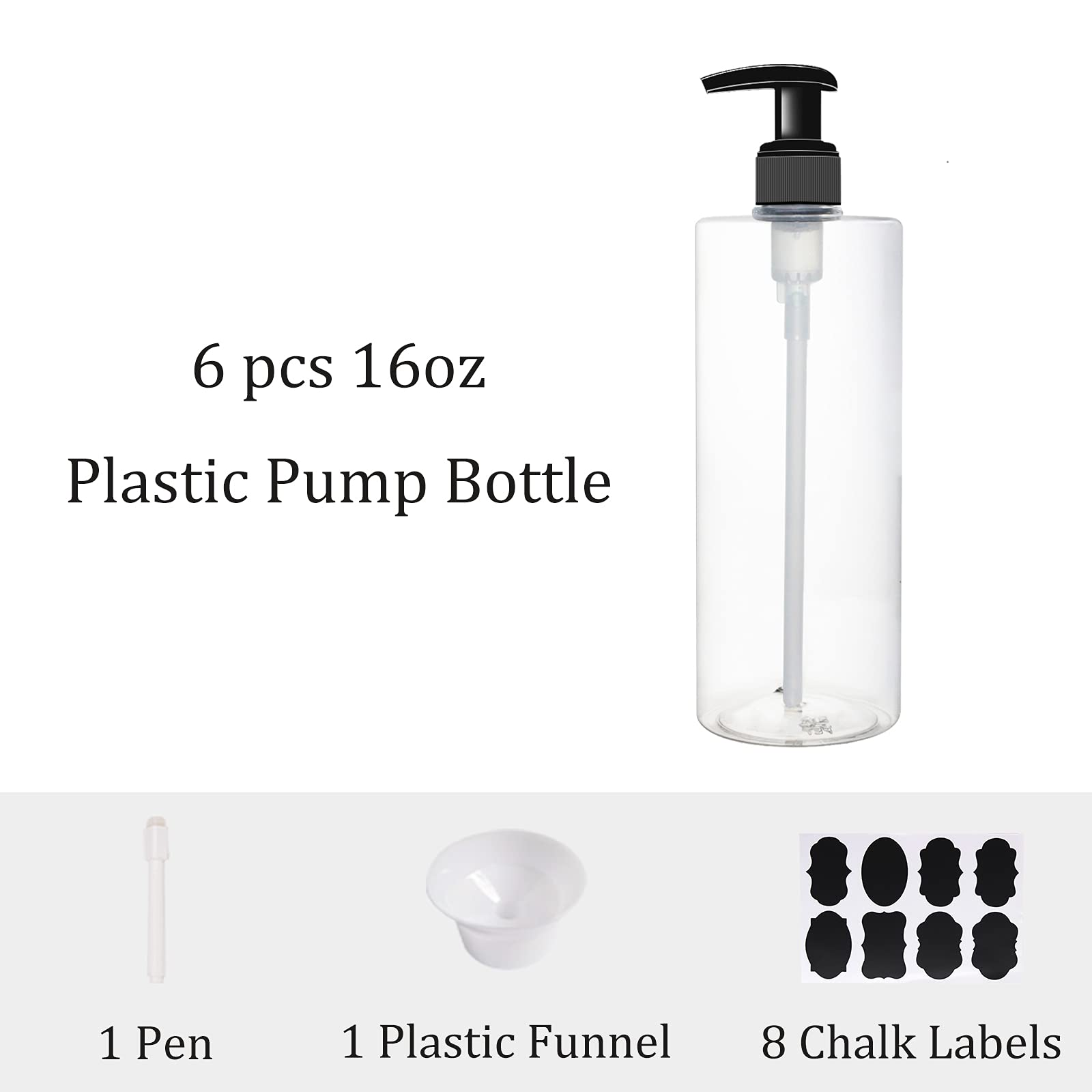Bpfy 6 Pack 16 Oz Plastic Pump Dispenser Bottles For Massage Oil, Shampoo, Lotions, Body Wash Pump Bottles, Hand Sanitizer Refil