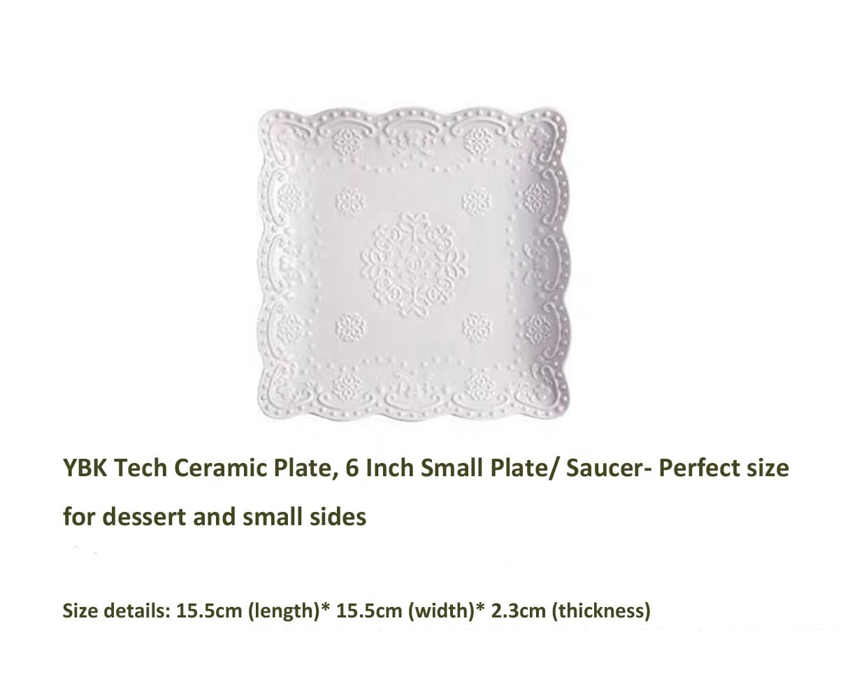 Eplze Ybk Tech Elegant Square Embossed Lace Plate Bone China Dessert Plate Ceramic Plate For Breakfast Afternoon Tea (White, 6-I
