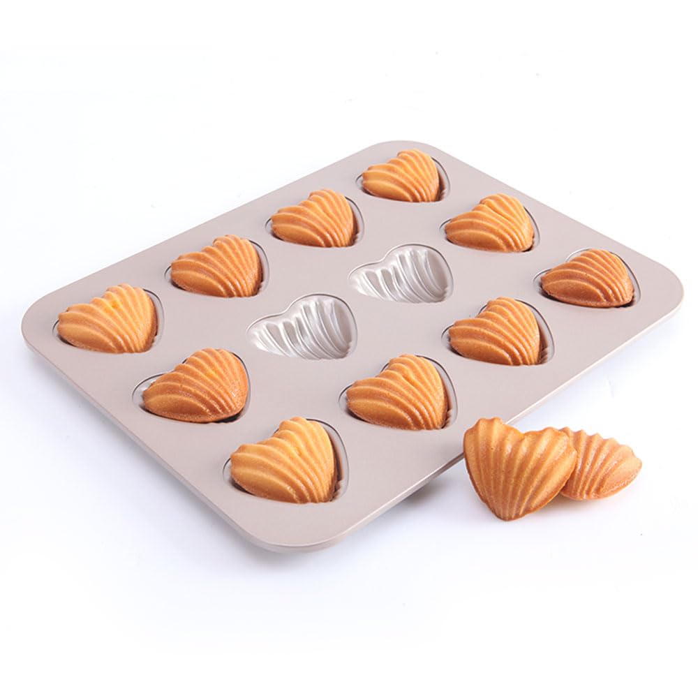 QUDUME Madeleine Heart Cake Pan, 12 Cavity Heart Shape Cake Pan Mini Tea Cake Pans NonStick Heartshaped Shello Madeleine Pans 