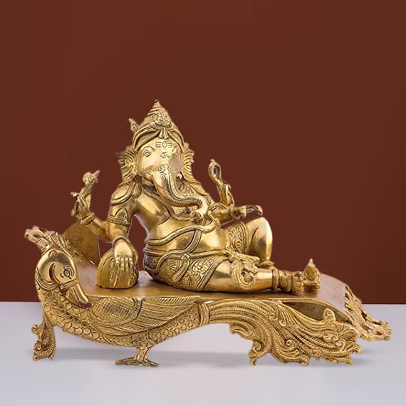 Artvarko Large Size Brass Ganesh Bhagwan Idol Resting Position Virajman On Designer Peacock Couch Ganesha Ganapati Ganpati Puja 
