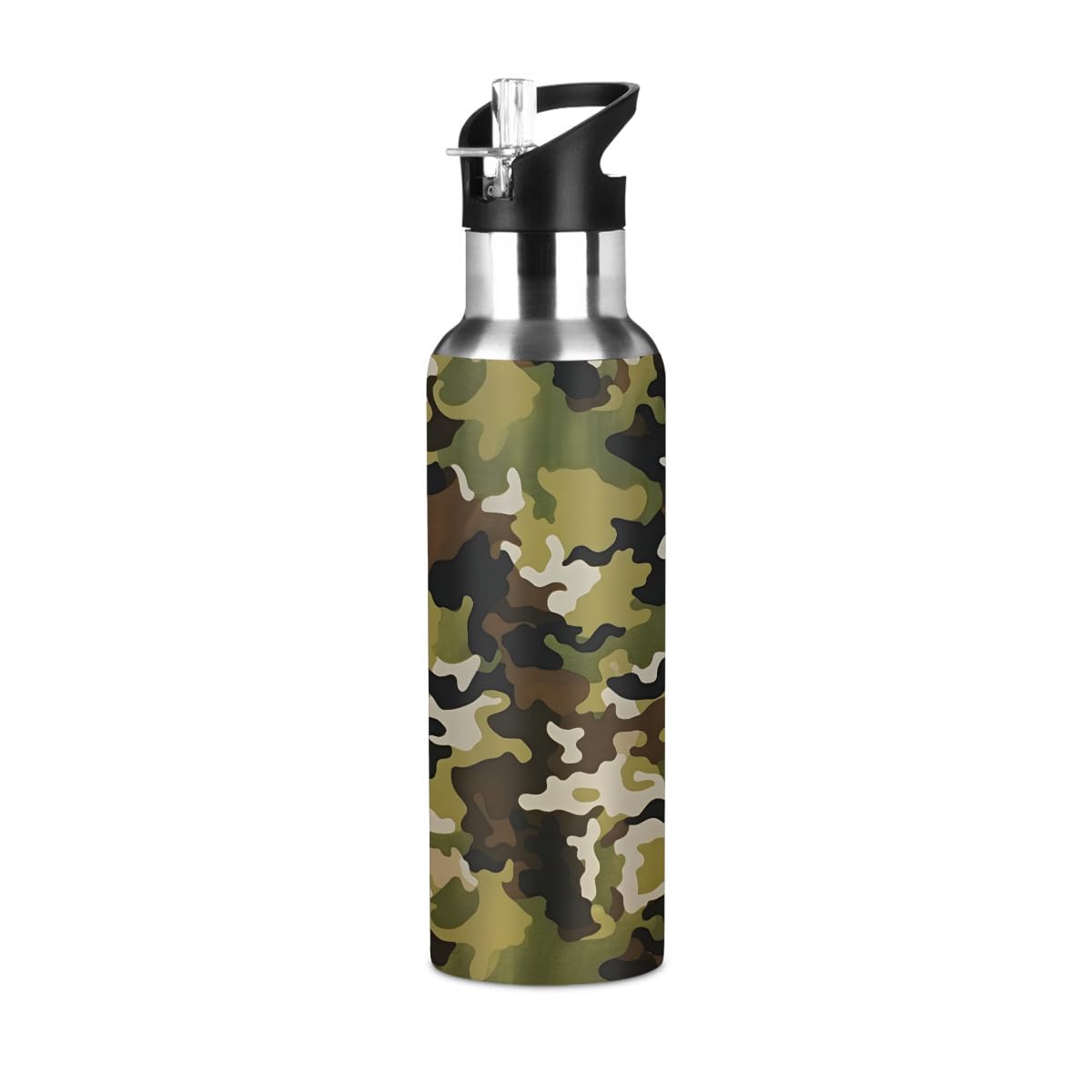 DJYQBFA 20 oz Insulated Water Bottle with Straw Lid Stainless Steel Leakproof Travel Thermos Bottles Reusable Camouflage Green W