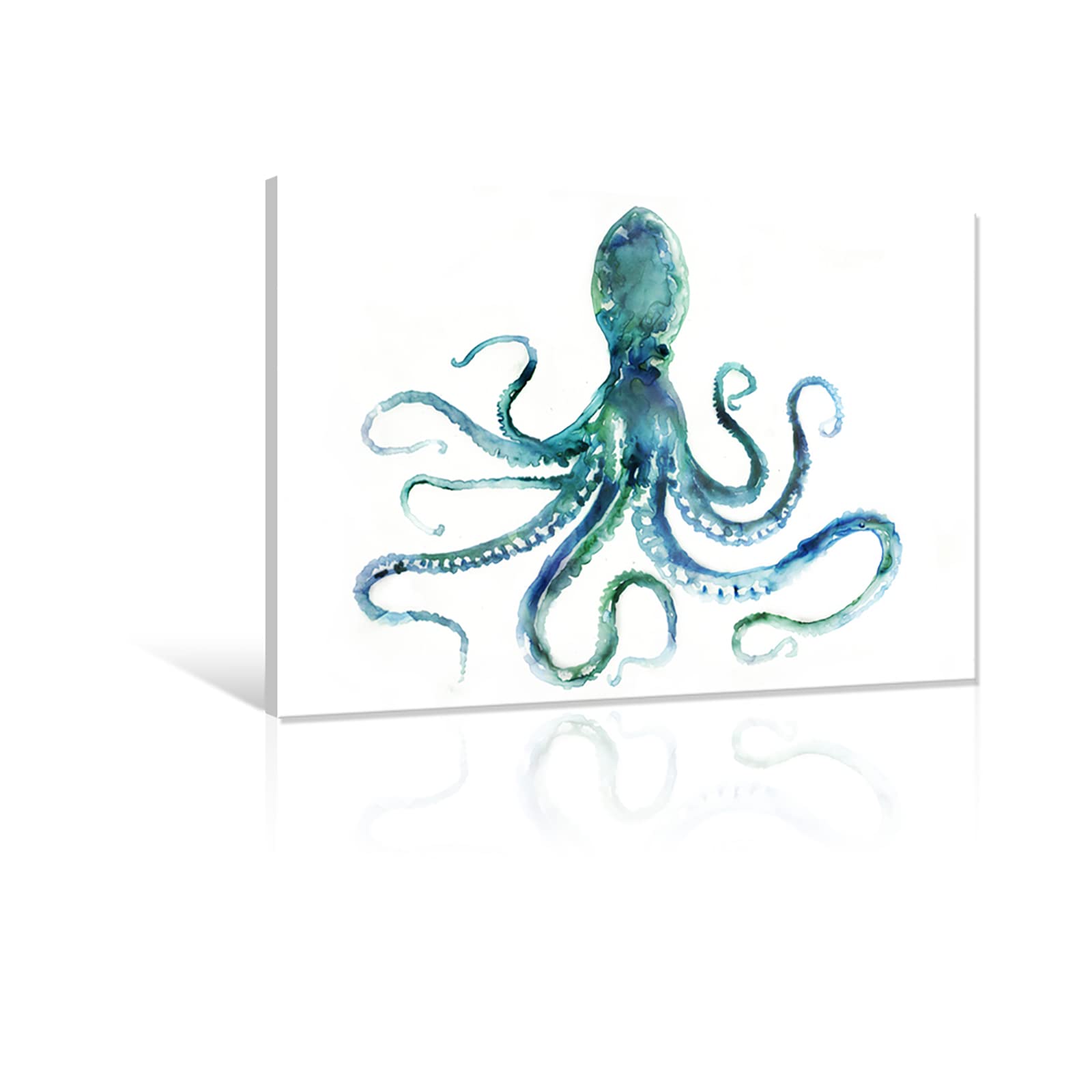 JAPO ART Blue Octopus Bathroom Decor Canvas Wall Art by Edward Selkirk Coastal wall decor Nautical Ocean Animal Watercolor Marine life Sea Pictures Framed Artwork Print on Canvas for Living Room Bathroom Wall Decor 24 x 36 Inch