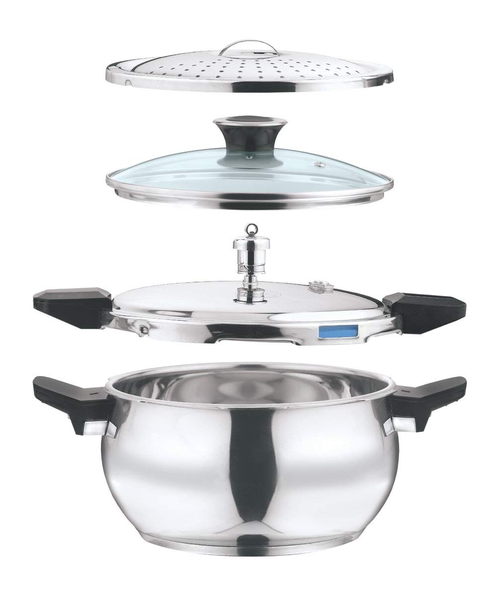 Vinod 18/8 Stainless Steel Magic Outer Lid Pressure Cooker - 5.5 Liters with a Pressure Cooker Lid, Straining Lid and Glass Lid