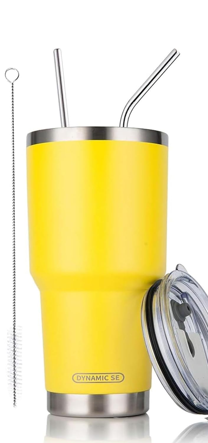 Ds 30Oz Yellow Tumbler Stainless Steel Insulated Travel Mug With Straw Lid Cleaning Brush (30Oz Yellow)