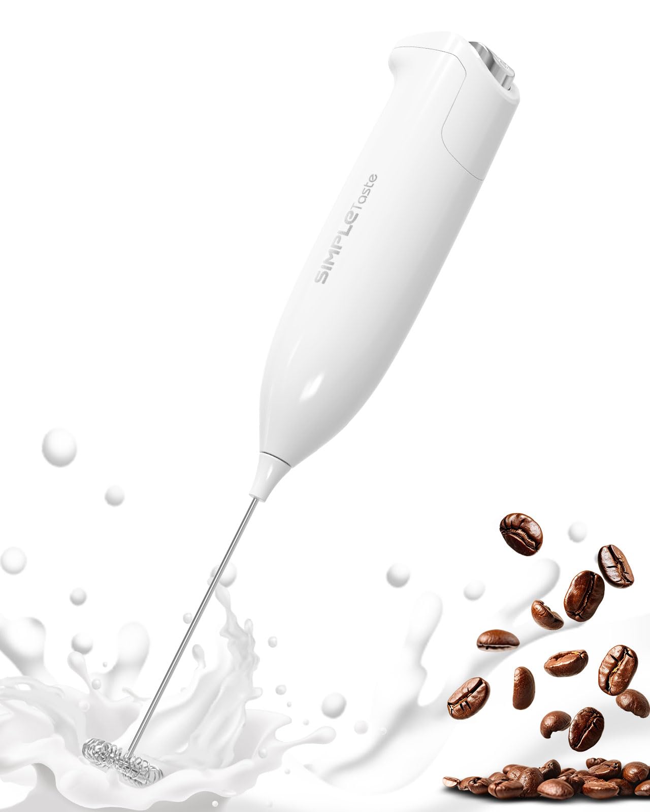 SIMPLETaste Milk Frother Handheld Battery Operated Electric Foam Maker, White Drink Mixer with Stainless Steel Whisk for Cappucc