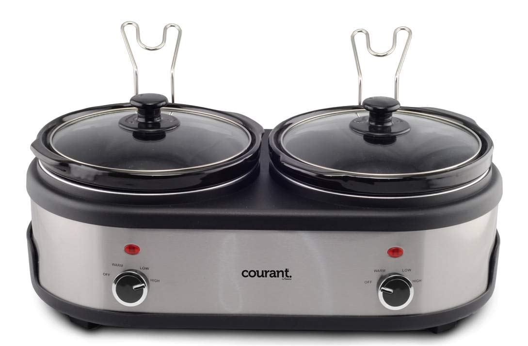 Courant Double Slow Cooker 2.5 Quart Crock Each, 5.0 Quart Total Pots, With Individual Easy Cooking Options, Dishwasher Safe Sta