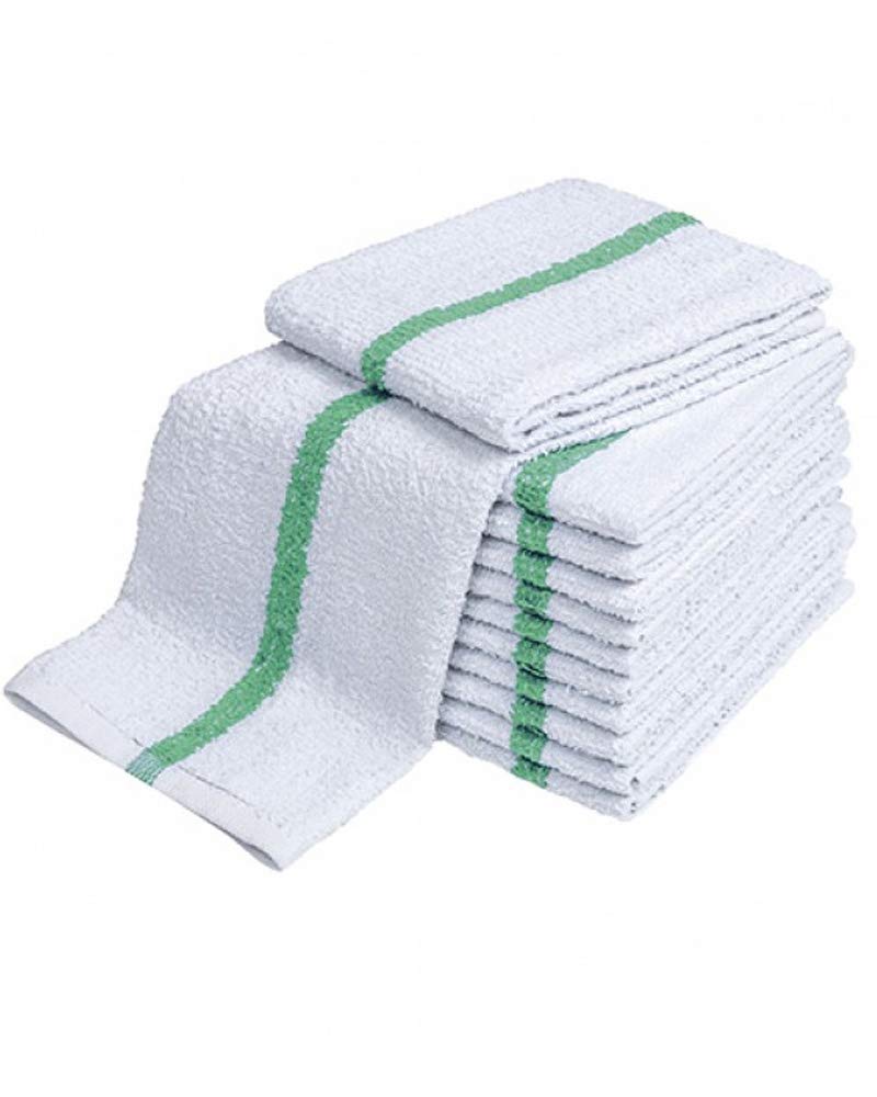 28Oz Bar Mop Towels 16X19, 100% Cotton, Commercial Grade Professional Kitchen/Restaurant Barmop Towels (Green Stripe-48 Pack)