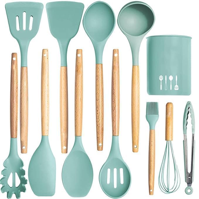 Silicone Kitchen Utensil Set With Wooden Handles, 12Piece, Teal, Bpa Free, Heat Resistant Up To 280C, With Holder