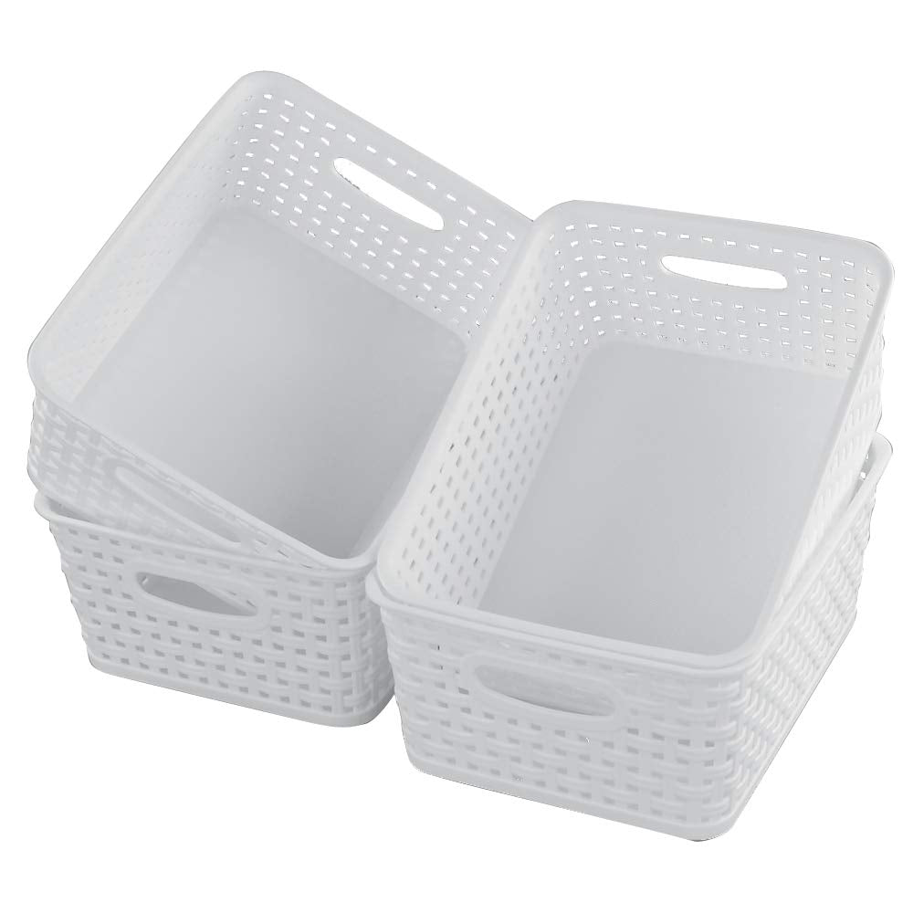 Cand 4 Packs Plastic Weave Storage Basket, 10.08'' X 7.67'' X 4.05'', White