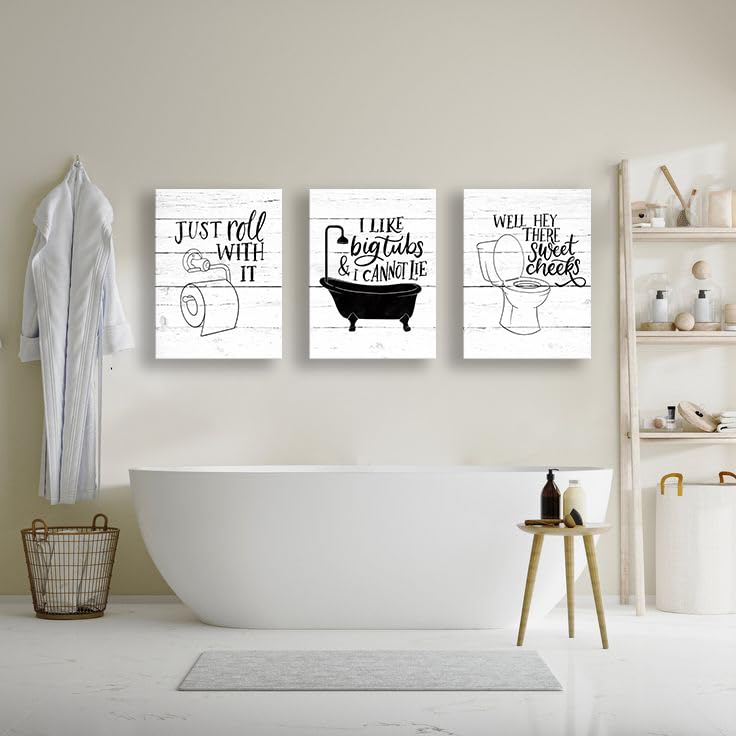 Funny Bathroom Canvas Wall Art Black And White Toilet Bathtub Bath Set Poster Print 3 Pieces Bathroom Quotes Painting Retro Wood
