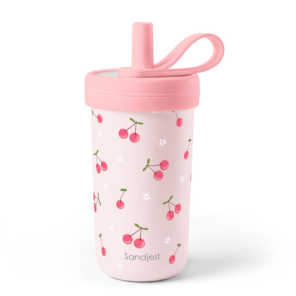 SANDJEST Kids Stainless Steel Tumbler with Silicone Straw 14oz, Cherry Insulated Drinking Cup for Children, Girls for Back To Sc