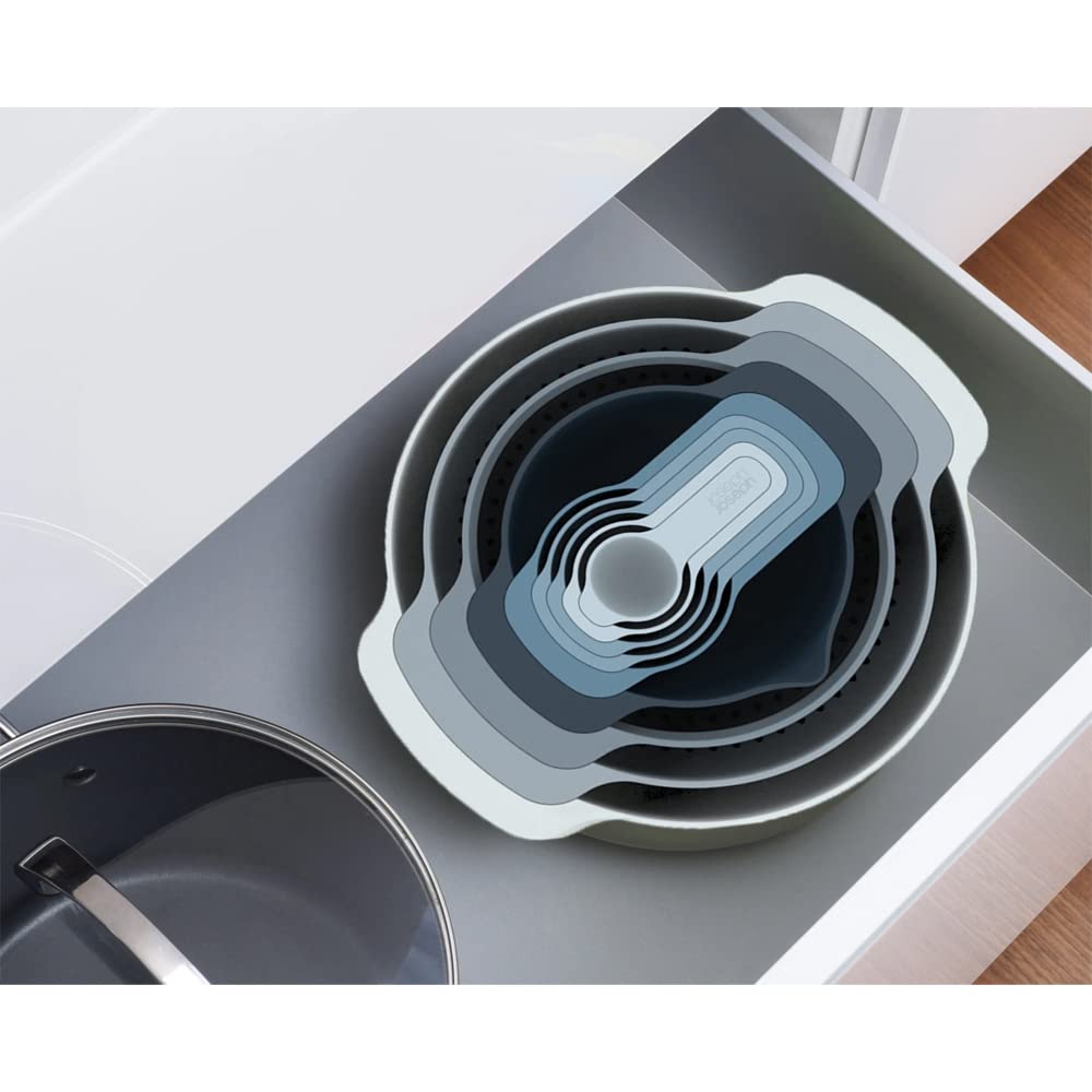 Joseph Joseph 9 Nesting Set With Mixing Bowls Measuring Cups Sieve Colander, 9-Piece, Sky,Blue