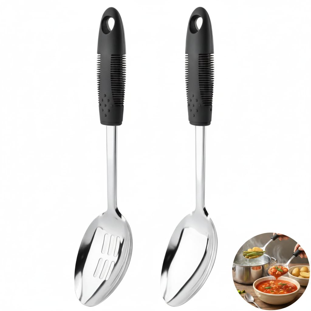 2 Pcs Stainless Steel Serving Spoon Set, 12 Solid & Slotted Metal Serving Spoons with Silicone Handle, Large Slotted Spoon & 