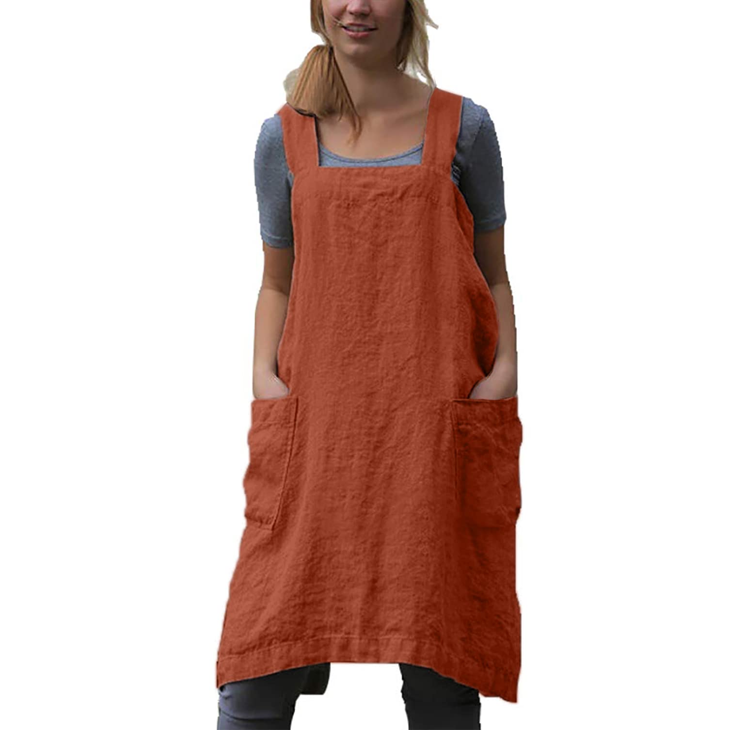 Yesdood Cotton Linen Apron Cross Back Apron For Women With Pockets Pinafore Dress For Baking Cooking, Orange, X-Large