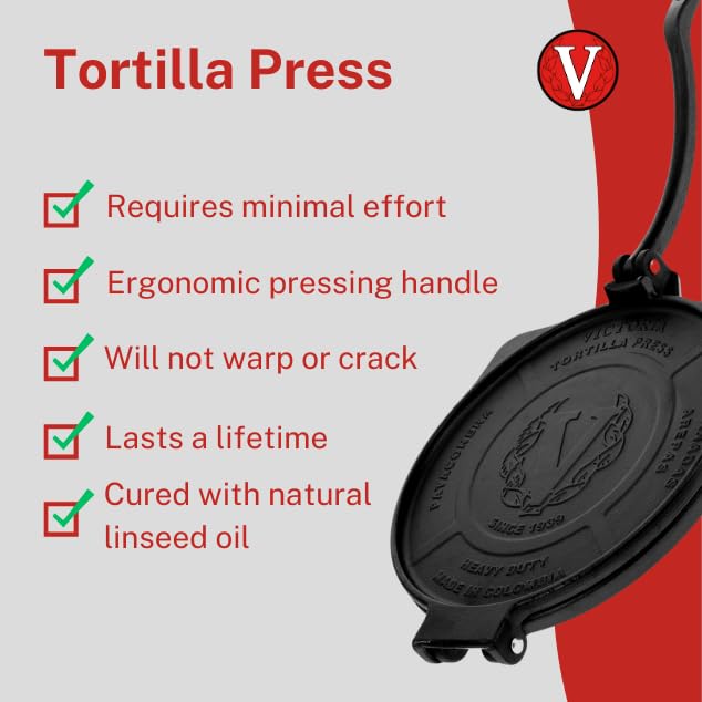 Victoria 8-Inch Commercial-Grade Cast-Iron Tortilla Press, Made From Super-Durable Hd Iron, Made In Colombia