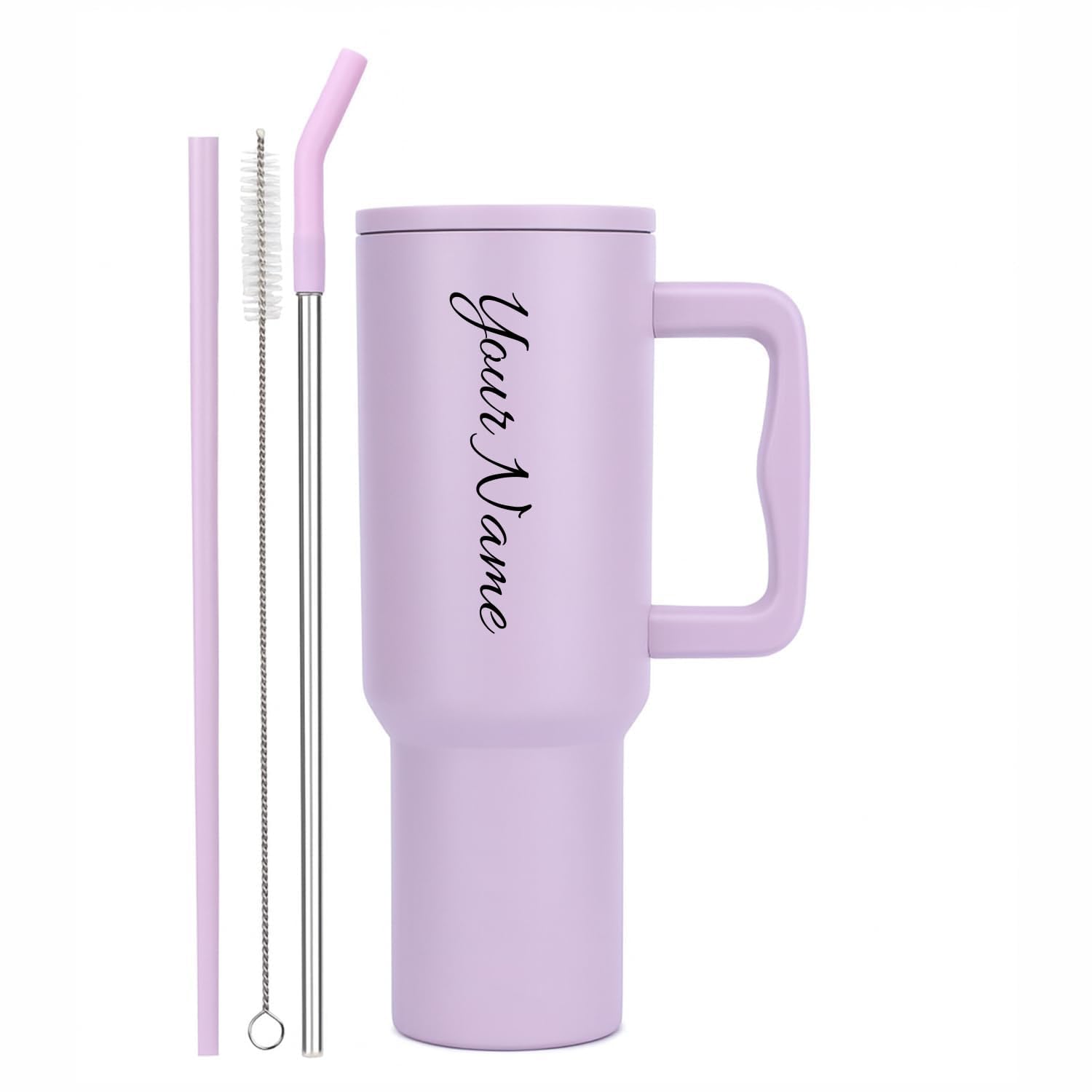 UTCLON Personalized Stainless Steel Tumbler with Handle, 1200ml, Black Insulated Travel Mug with Straw, Custom Name Design (Purp
