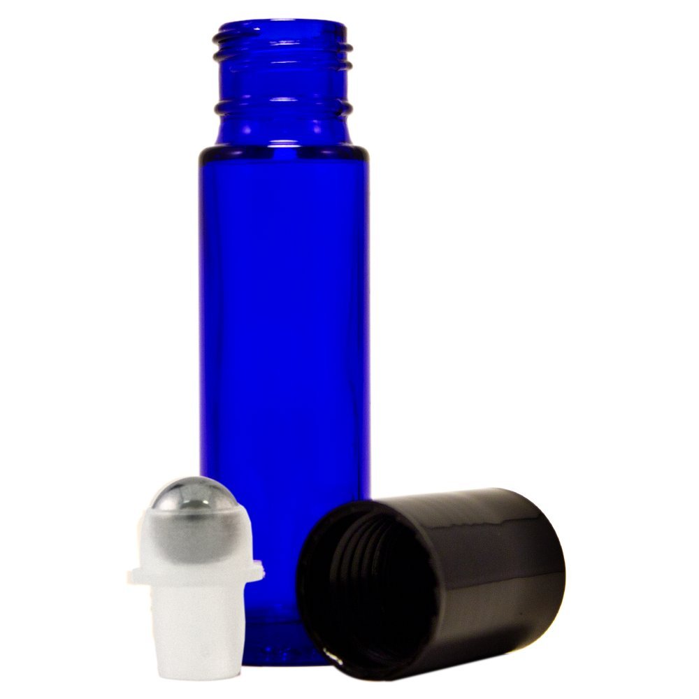 24 Glass Cobalt Blue Essential Oils Roller Bottles Refillable 10 ml Roll On Perfume/Aromatherapy/Organic Beauty Bottles with Stainless Steel Roller Balls & Cap  with 3-3 ml Droppers