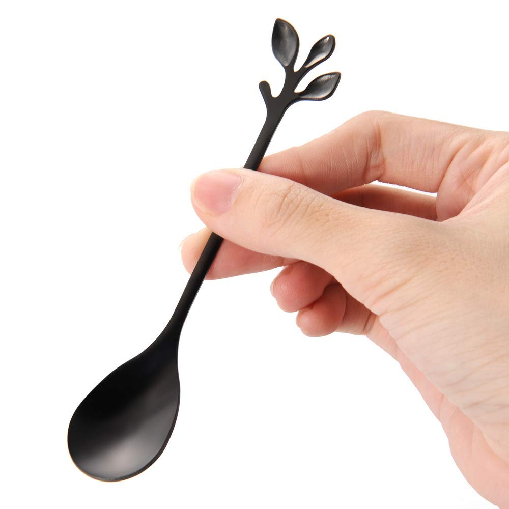 Stainless Steel Black Leaf Coffee Spoon Cake Fork-Ansaw 10 Pcs Creative Tableware Dessert Spoons, Stirring, Mixing, Sugar, Stir,
