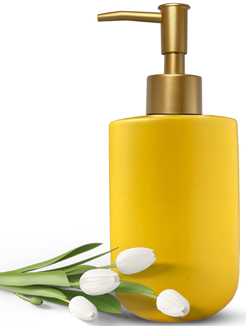 Liquid Soap Dispenser For Bathroom With Gold Pump,Dish Soap Dispenser For Kitchen,Refillable Countertop Lotion Ceramics Yellow H