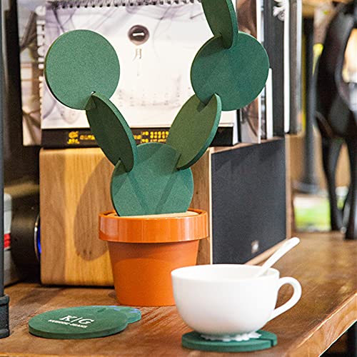 Brccee AC 6-Piece Green Coaster Cactus Set with Flower Pot Shaped Holder for Drinks Coffee Cup (Pure Green)
