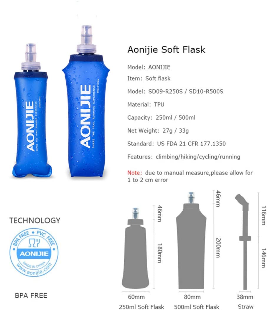 Aonijie 2 Pack Soft Water Bottle, Tpu Collapsible Flask Foldable Bottles For Hydration Pack, Bpa-Free, For Running Hiking Cyclin