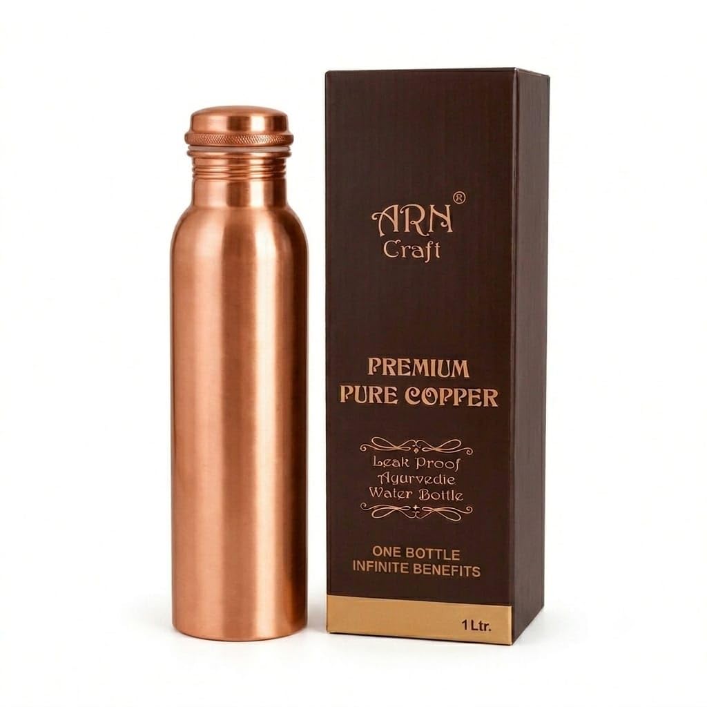ARNCRAFT Handmade Pure Copper Water Bottle, 34oz, Hammered Finish, Cylindrical, LeakProof Lid, Reusable, for Drinking Water (Sm