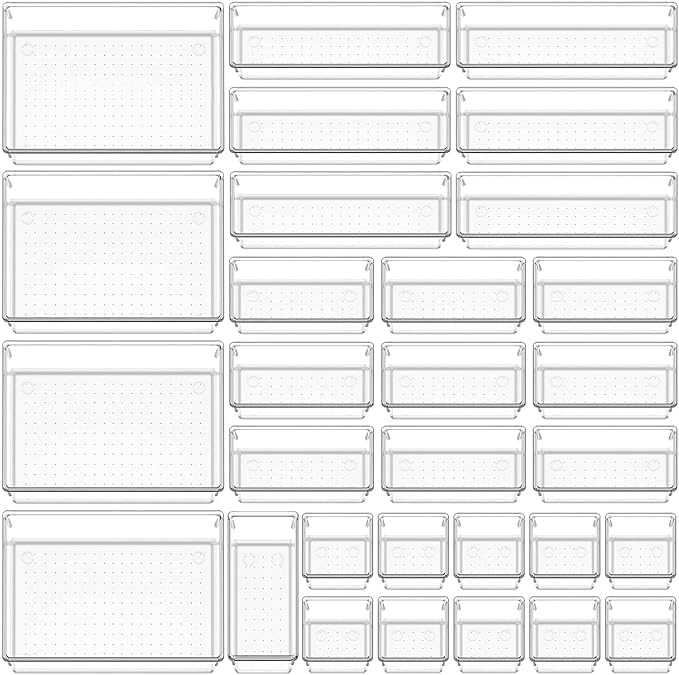 Kaito Clear Plastic Drawer Organizers, 30Piece Set, Storage Bins For Bathroom, Makeup, Kitchen Gadgets Utensils And Office