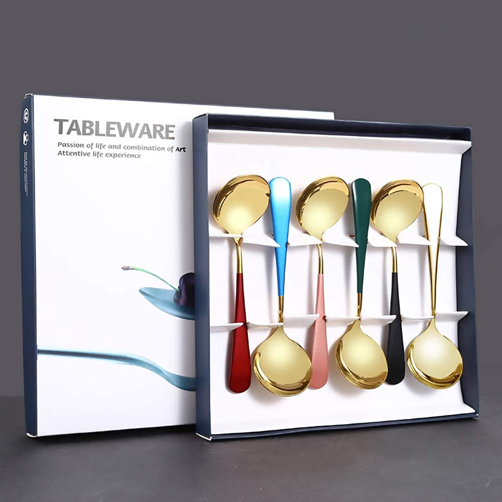 Hktopcne 6 Pieces Stainless Steel Soup Spoons Round Colorful Handle Rice Spoons Elegant Life Dinner Spoons