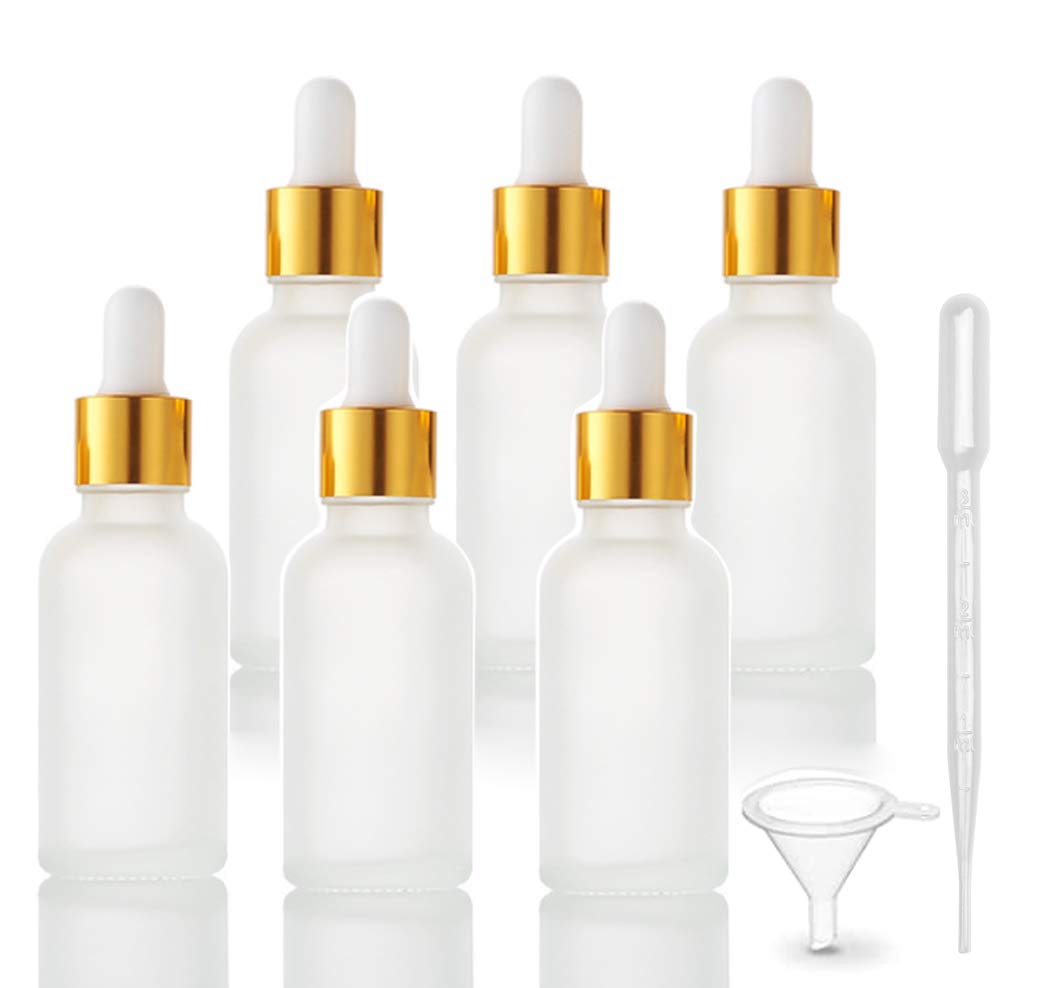 6 Pack,Frosted Glass Dropper Bottle For Essential Oils,Empty Glass Liquid Holder With Glass Eye Dropper,Golden Caps Travel Perfu