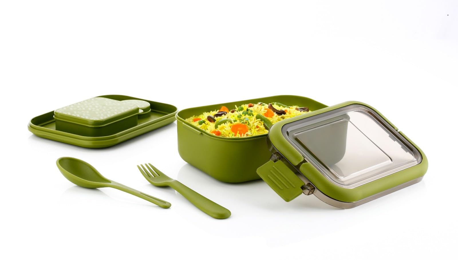 Clazkit Snack Pack Lunch Box For Kids, Adults |Tiffin Box With 2 Small Conatiner, Spoon And Fork | Leakproof 100% Food Grade | G