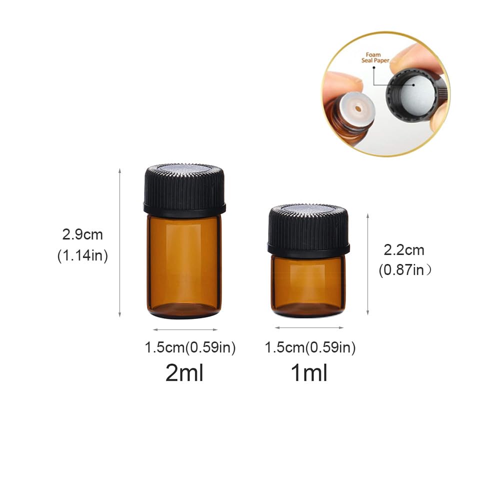 Simple-e 50pcs 1ml (1/4 Dram) Amber Mini Glass Bottle 1cc Amber Sample Vial Small Essential Oil Bottle Travel Must + 1pc Glass Clean Cloth