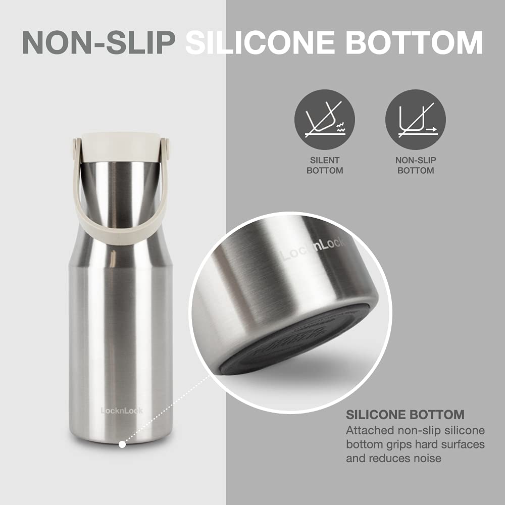 Locknlock Metro Bottle Double-Wall Insulated Stainless Steel With Silicone Handle, 16 Oz, Silver