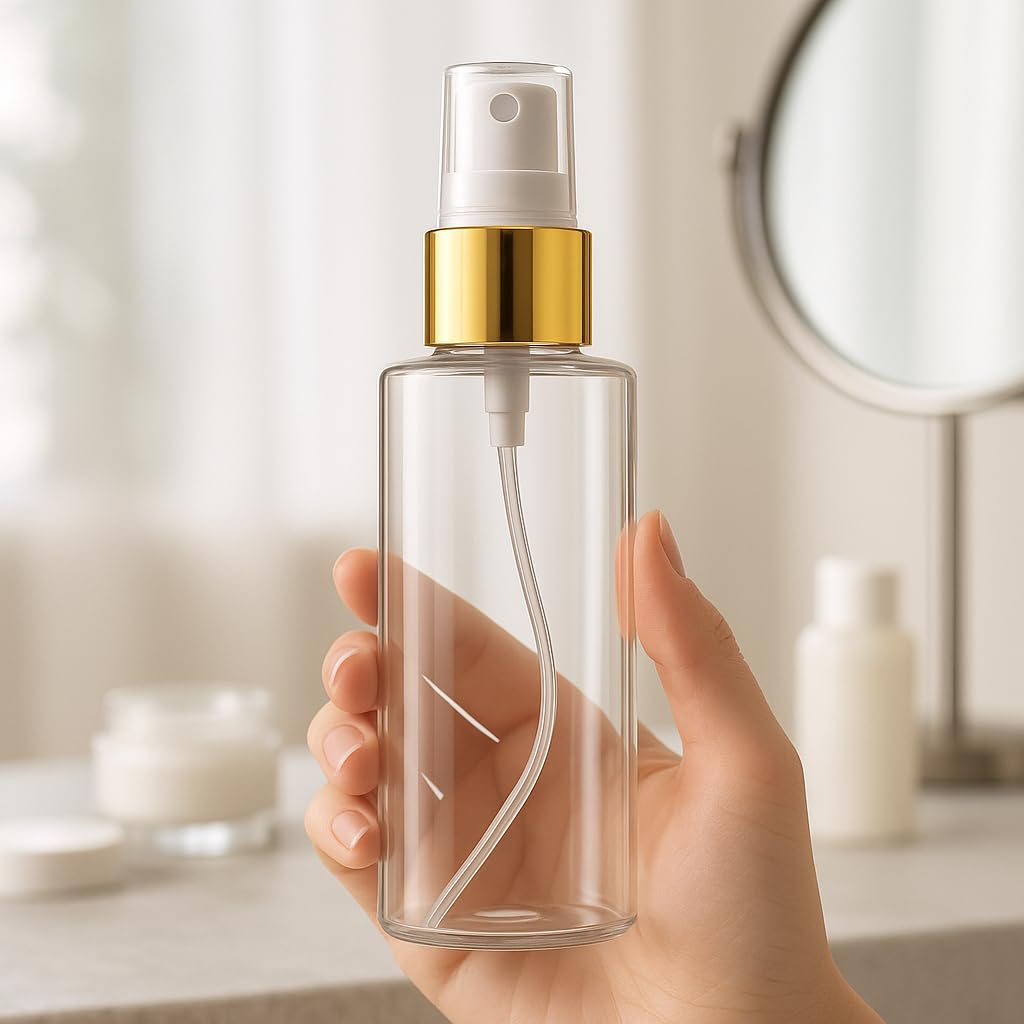 Bar5F Fine Mist Spray Bottle 4-Ounce Crystal-Clear And Firm Bpa-Free Gold Misting Cap 6-Pack