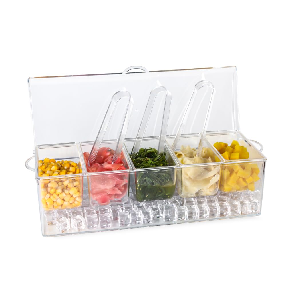 Ivyhome Chilled Condiment Server | Clear Icy Condiment Bar | Chilled Condiment Tray With Lid And 5 Removable Compartments