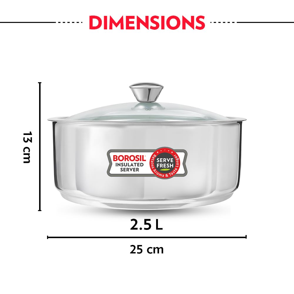 Borosil Stainless Steel Insulated Roti Server, 2.5 Litres, Silver