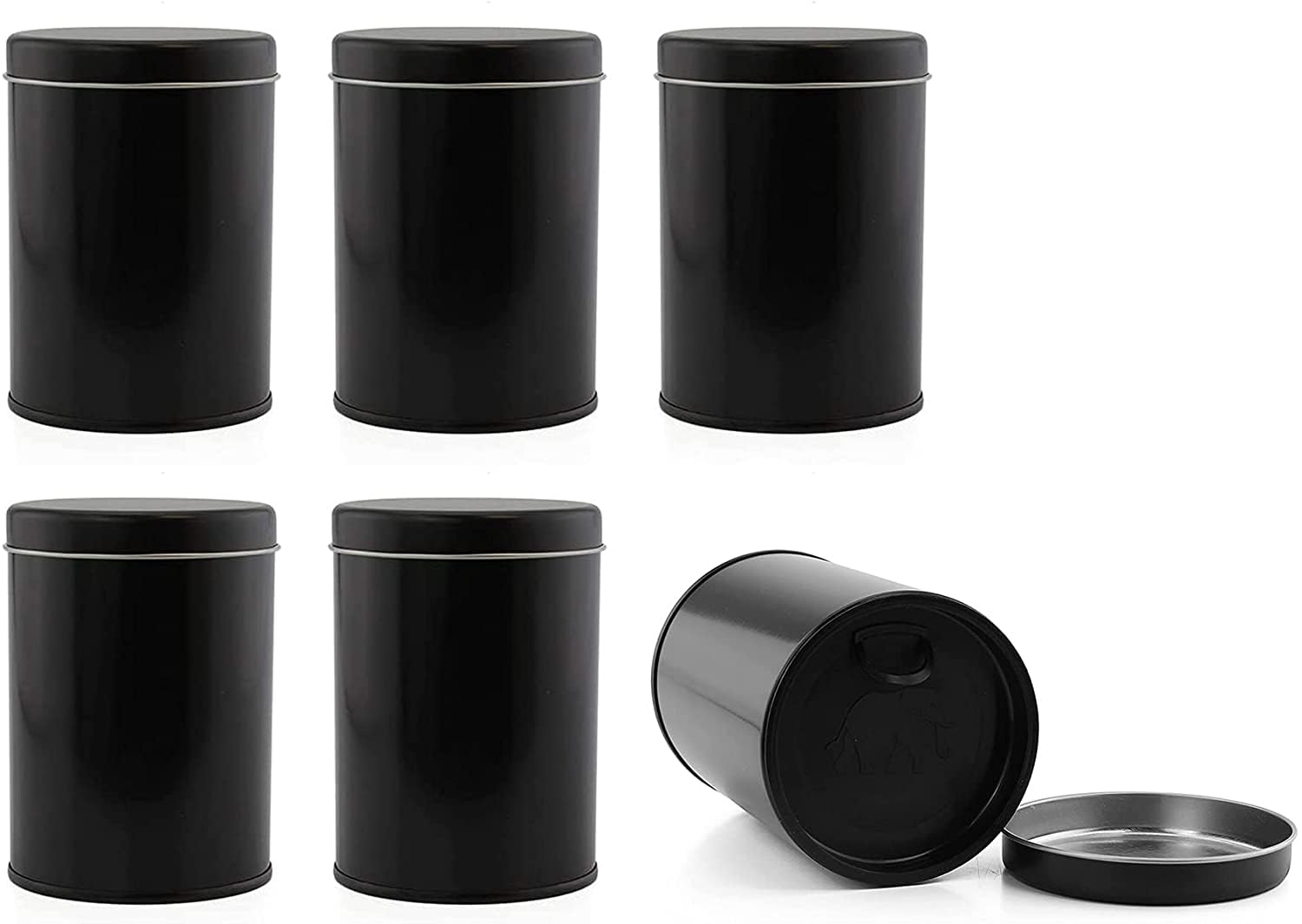 Cornucopia Double Seal Tea Canisters (6-Pack); Black Metal Round Tea Tins W/ Interior Molded Plastic Seal