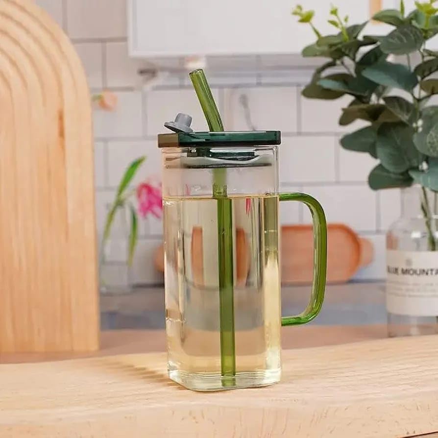 miRim Glass Tumbler with Bamboo Lid & Glass Straw 380 ml (Pack of 1) Transparent (Square Tumbler Handle New)