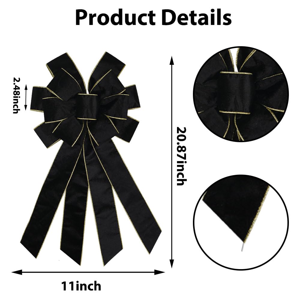 Large Christmas Bow for Wreath 20 * 11inch Vintage Black Wreath Bow Golden Edged Black Velvet Tree Topper Ornament Decorative Bo