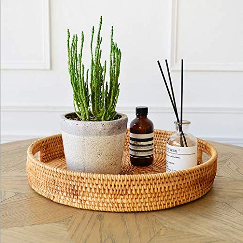 Rattan Round Serving Tray  Hand Woven Serving Basket with Cut - Out Handles  Wicker Fruit/Bread Serving Basket  11.8 inch