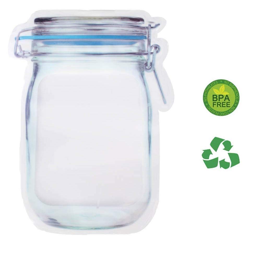 10Pcs Mason Jar Pattern Food Storage Bag Reusable Portable Stand Up Smell Proof Ziplock Bags Snack Saver Container Retail Packag